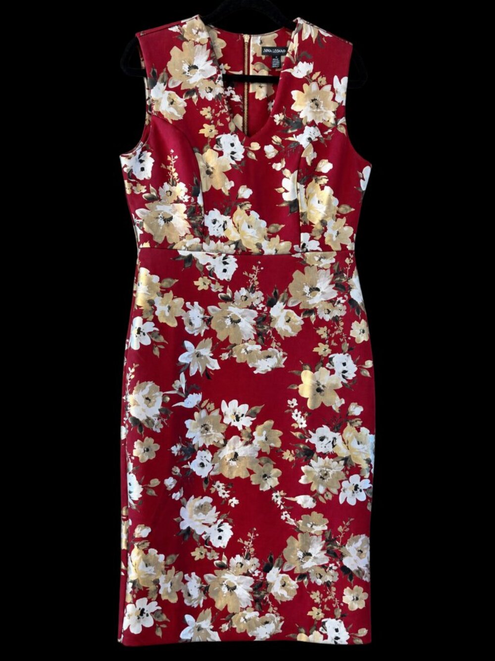 Nina Leonard Floral Sheath Dress M Burgundy Gold Metallic V Neck Stretch NWT - Picture 2 of 10